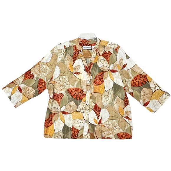 Alfred Dunner Women Shirt Top Sz 18 Button Front Tropical Tan Rust Gold Threads - Picture 2 of 15